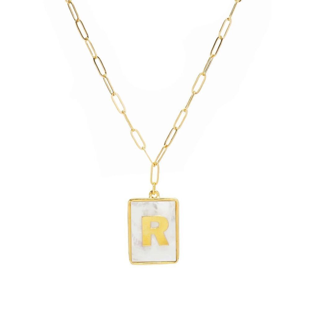 Gold R Rectangle Pendant Paperclip Necklace with Mother-of-Pearl by Mayamar